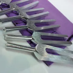 Un ensemble de diapasons en métal argenté repose sur un tissu violet. Ces outils de musique sont prêts à produire des sons purs.