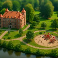 Leśnica we Wrocławiu: ceglany pałac otoczony zielenią, z placem zabaw i jeziorem.