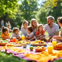 Radosny piknik rodzinny w parku. Rodzina siedzi na kocu, otoczona jedzeniem i napojami, ciesząc się wspólnym czasem na świeżym powietrzu.