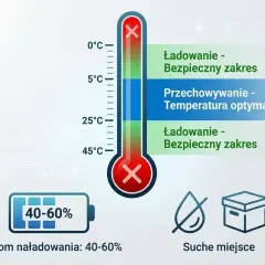 Termometr pokazuje optymalne warunki dla żywotności akumulatora: ładowanie w bezpiecznym zakresie temperatur, przechowywanie w optymalnej temperaturze, poziom naładowania 40-60% i suche miejsce.