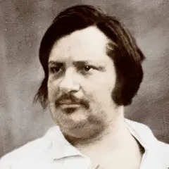 Portret Honoriusza de Balzaca w białej koszuli, z ciemnymi włosami i wąsami.