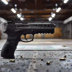 Pistolet moderne, idéal pour le tir sportif avec licence. Des douilles jonchent le sol d'un stand de tir.