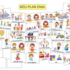 Kolorowy plan dnia przedszkolaka: relaks, zajęcia na dywanie, prace przy stoliku, język angielski, obiad, zabawy na placu zabaw, dogoterapia i wiele innych aktywności.