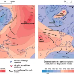 Mapy pokazują rozkład ciśnienia atmosferycznego. Po lewej widać niż islandzki, który często występuje, kiedy jest niskie ciśnienie atmosferyczne.