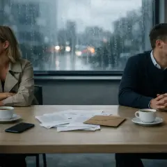 Para, siedząca przy stole, zamyślona, podczas gdy mężczyzna obok spogląda w bok. Na stole dokumenty i koperta, sugerujące rozliczenie darowizny przy podziale majątku.