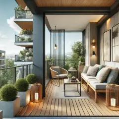 Przytulny balkon z meblami i roślinami. Widać, jak zawiesić lampki na balkonie, tworząc nastrojowe oświetlenie.