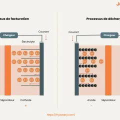 Schéma illustrant le temps de charge batterie cellule camping-car : processus de facturation et de déchargement d'une batterie lithium-ion.