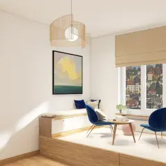 Gemütliche Sitzecke mit Blick auf eine Stadt. Ein Kunstwerk und ein Hängeleuchter bieten **Inspiration Wohnen**.