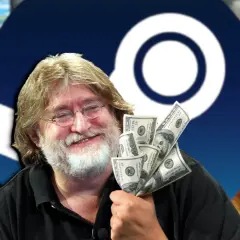 Gabe Newell z kupką dolarów, zastanawiasz się, czy Steam zwraca pieniądze na konto bankowe? Tło to logo Steam i okładki gier.