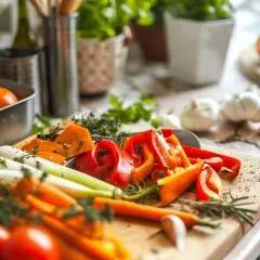 Kolorowe warzywa na desce: marchew, papryka, cebula, czosnek, pomidory. Idealne składniki do zdrowych dieta paleo przepisy.