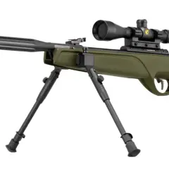 Carabine à plomb verte avec lunette, bipied et ressort puissant de 40 joules. Prête pour le tir de précision.