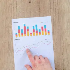 Ręka wskazuje na wykresy sprzedaży i zamówień. Analiza danych finansowych, w tym obligacji, jest kluczowa dla rozwoju firmy.