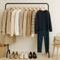 Un armario cápsula con prendas neutras: gabardina, jerséis, camisa, sudadera y vaqueros. Zapatos planos, zapatillas y bolso completan el look.