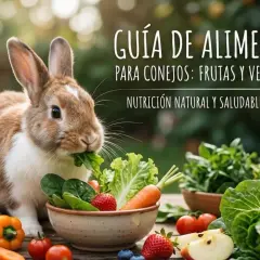 Conejo comiendo lechuga, rodeado de una tabla de alimentos para conejos: zanahorias, fresas, pimientos y más.