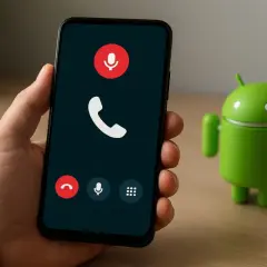 Dłoń trzyma smartfon z ekranem rozmowy przychodzącej. Obok stoi zielona figurka Androida, sugerując nagrywanie rozmów android.
