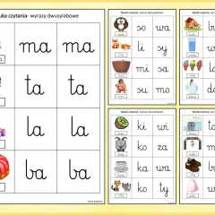 Karty pracy sylaby do druku: mama, tata, lala, baba, sowa, lisy, misa, sumo, buda, woda, lody, dama, kiwi, koza, kawa, koty, tama, meta, buty, wata.