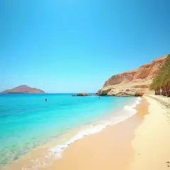 Piękna plaża w Marsa Alam, idealna pogoda w lutym. Turkusowa woda, palmy i skaliste klify tworzą rajski krajobraz.