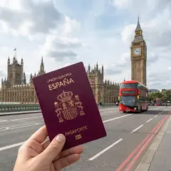 Pasaporte español en mano, listo para viajar a Londres. Al fondo, el Big Ben y el Parlamento.