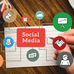Koncepcja pracy social media managera: dom, głośnik, kalendarz, chmura, wykres, ludzie, koperta, rozmowy, lupa, dostawa, partnerstwo.