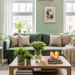 Zielona sofa w salonie, ściany w kolorze pistacjowym, jasne poduszki, bukiet kwiatów i palące się świece na stoliku.