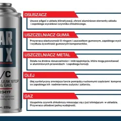 Puszka Car Fix A/C z opisem funkcji: osuszacz, uszczelniacz gumy i metalu, olej, gaz. Idealny do uzupełniania czynnika chłodniczego, czyli jaki gaz do klimatyzacji samochodowej.