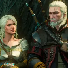 Geralt i Ciri, bohaterowie kultowych **gier fabularnych po polsku**, odpoczywają w lesie.