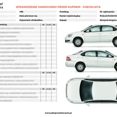 Lista kontrolna do sprawdzenia samochodu przed zakupem, zawiera pola na dane pojazdu i jego stan. Sprawdzenie samochodu po numerze rejestracyjnym jest kluczowe.