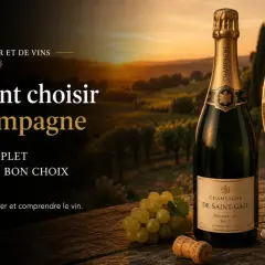 Une bouteille et un verre de champagne pétillant, prêts à être dégustés, sur fond de vignoble au coucher du soleil.