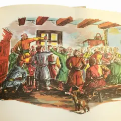 Scena z "Pana Tadeusza", kiedy powstał, ukazuje szlachtę w strojach narodowych, z uniesionym mieczem.