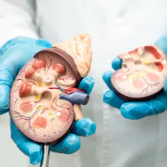 Model nerek w rękach w niebieskich rękawiczkach. Niski poziom kreatyniny może być związany z funkcją nerek.