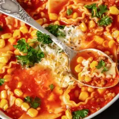 Herzhafte Lasagne Suppe mit Mais, Hackfleisch und Nudeln, garniert mit Petersilie und Käse. Eine Löffelprobe zeigt die köstlichen Zutaten.