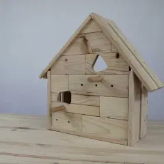 Casa de pájaros de madera, un proyecto de manualidades con entrada triangular y perchas.