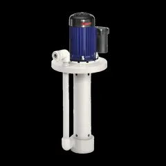 Eine vertikale Tauchpumpe mit integriertem Schwimmerschalter, blauem Elektromotor und weißem Pumpengehäuse.