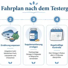 Fahrplan bei Omega-3-Mangel-Symptomen: Ergebnis verstehen, Ernährung anpassen, supplementieren, kontrollieren, Lebensstil optimieren.