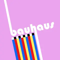 A minimalist bauhaus graphic design featuring the word "bauhaus" in white text on a pink background, with colorful vertical stripes below.