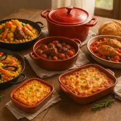 Un festin pour un mariage : paella, couscous, ragoût, poulet et gratins. Une table généreuse prête à célébrer.
