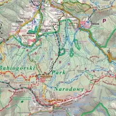 Szlak turystyczny przez Beskid Żywiecki, z zaznaczonymi szczytami Babiej Góry i okolicznymi dolinami.