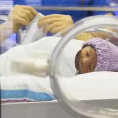 Noworodek w inkubatorze, ubrany w fioletową czapeczkę, otulony białym kocykiem.