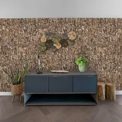 Naturalna ściana z korka w salonie, ozdobiona metalową dekoracją i roślinami.