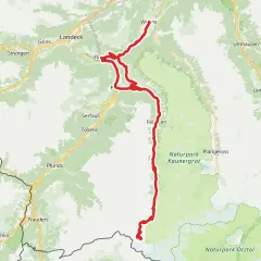 Trasa Via Claudia Augusta w Austrii, prowadząca przez Alpy, z zaznaczonymi miejscowościami jak Landeck, Fiss, Serfaus i Sölden.