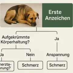 Trauriger Hund mit ersten Anzeichen von Magenproblemen: gekrümmte Haltung, Anspannung, Schmerz.
