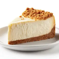 En krämig bit cheesecake med kexbotten och smulor på toppen. Perfekt för ett enkelt cheesecake recept.