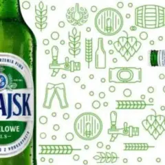 Leżajsk piwo chmielowe, pils. Zielona butelka i grafiki związane z piwowarstwem na białym tle.