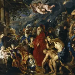 Rubens, w jednym ze swoich najsłynniejszych obrazów, ukazuje pokłon Trzech Króli. Dzieciątko Jezus, Maryja i Józef otoczeni są przez tłum ludzi i zwierząt.