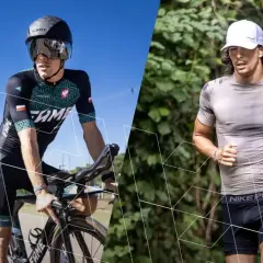 Sportowiec w stroju kolarskim i biegowym, przygotowujący się do wyzwania 10 krotny ironman.
