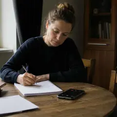 Kobieta pisze w zeszycie, obok leży telefon z aktywnym nagrywaniem rozmów.