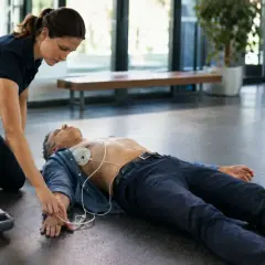 Sanitäterin legt Elektroden eines Defibrillators an einen bewusstlosen Mann an. Schnelle Hilfe ist entscheidend, wann immer ein Defibrillator benötigt wird.