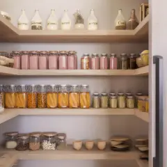 Uporządkowana mała spiżarnia przy kuchni. Słoiki z makaronem, przyprawami i innymi produktami spożywczymi na drewnianych półkach.