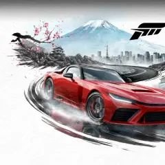 Czerwony sportowy samochód i niebieski SUV ścigają się na tle Japonii z górą Fudżi. Zapowiedź Forza Horizon 6.