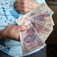 Dłoń starszej osoby trzyma polskie banknoty. To może być część jej emerytury wdowiej, symbolizująca wsparcie finansowe.